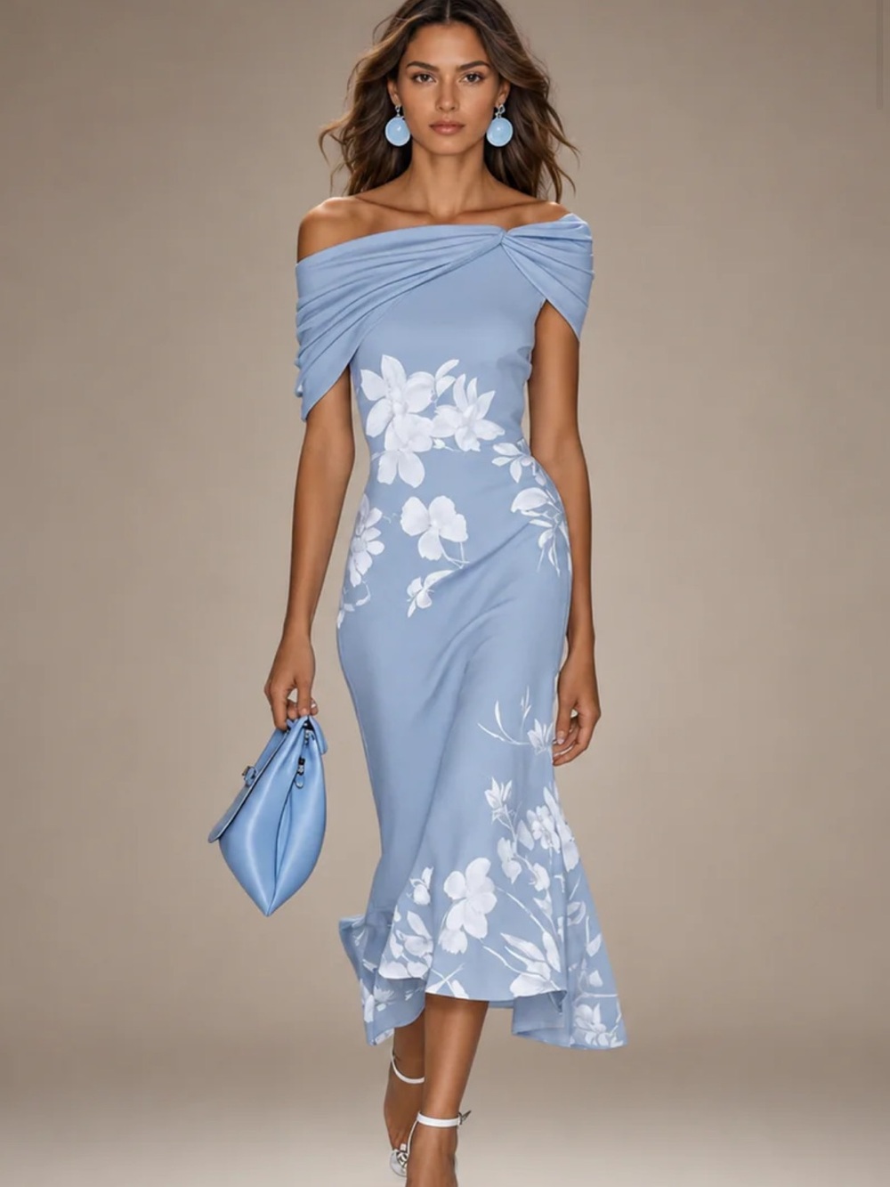 NWOT Off-Shoulder Light Blue Floral Midi Dress